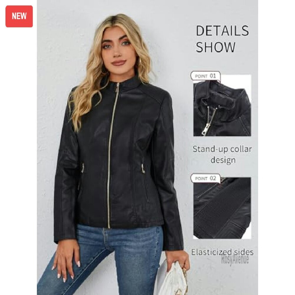 Faux Leather Motorcycle Jacket with Quilted Design and Pockets - Picture 6 of 8